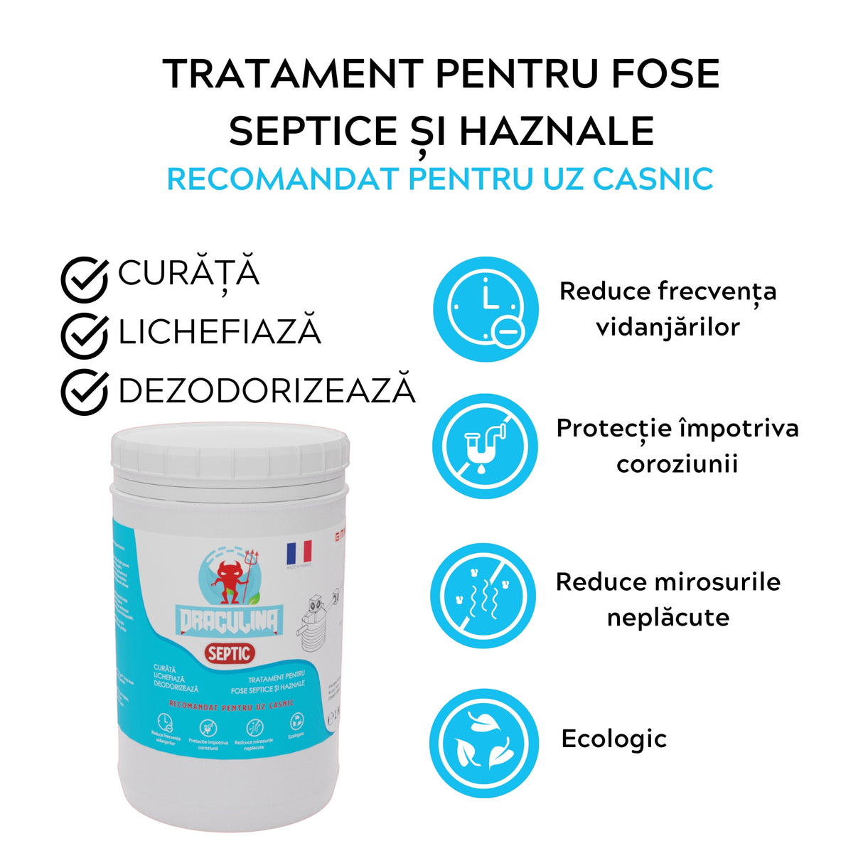 Bioactivator Draculina Septic - tratament pentru fose septice și haznale, recomandat pentru uz casnic. Reduce frecvența vidanjărilor, oferă protecție împotriva coroziunii, reduce mirosurile neplăcute și este ecologic.