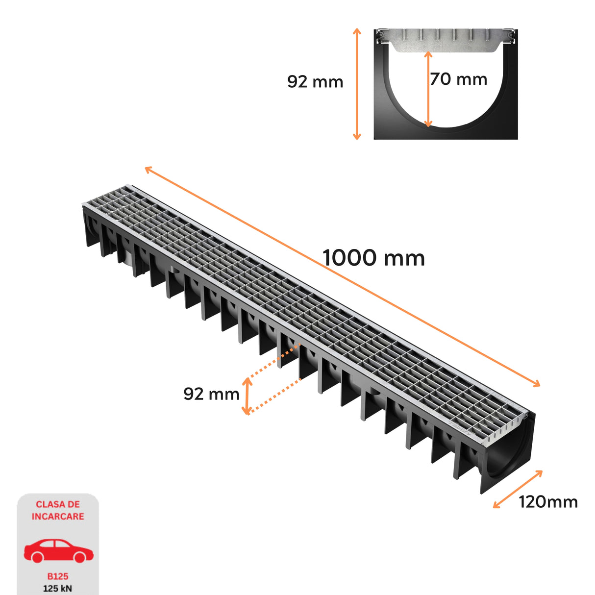 Dimensiuni rigola drenaj GM Rain H70 cu gratar din otel galvanizat, destinata utilizarii in exterior. Dimensiuni: 1000 mm lungime, 120 mm latime, 92 mm inaltime. Clasa de incarcare B125 potrivita pentru zone comerciale si industriale.