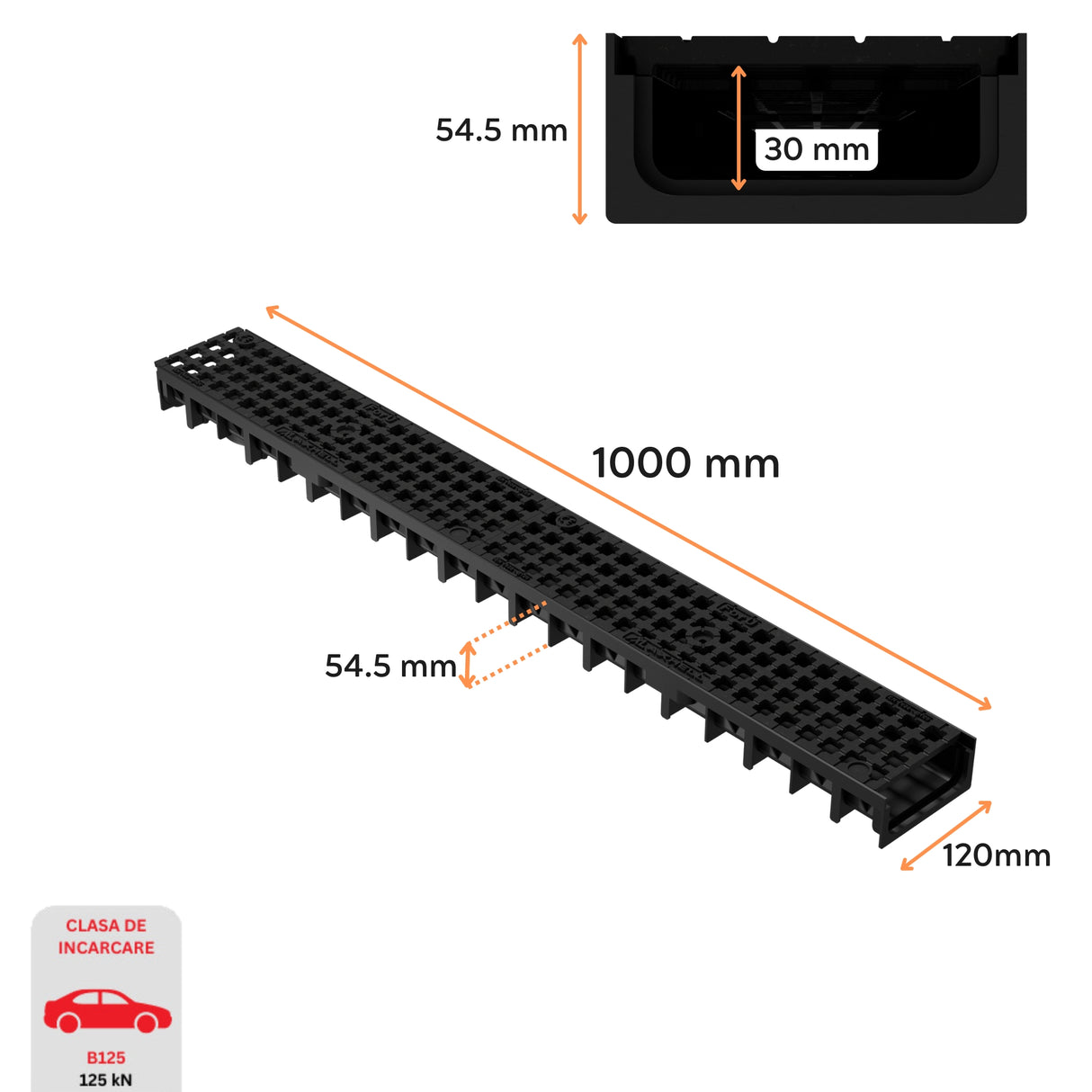 Rigola drenaj GM Rain H30 cu gratar din fonta ductila, destinata utilizarii in exterior. Dimensiuni: 1000 mm lungime, 120 mm latime, 54.5 mm inaltime. Clasa de incarcare B125 potrivita pentru zone comerciale si industriale.