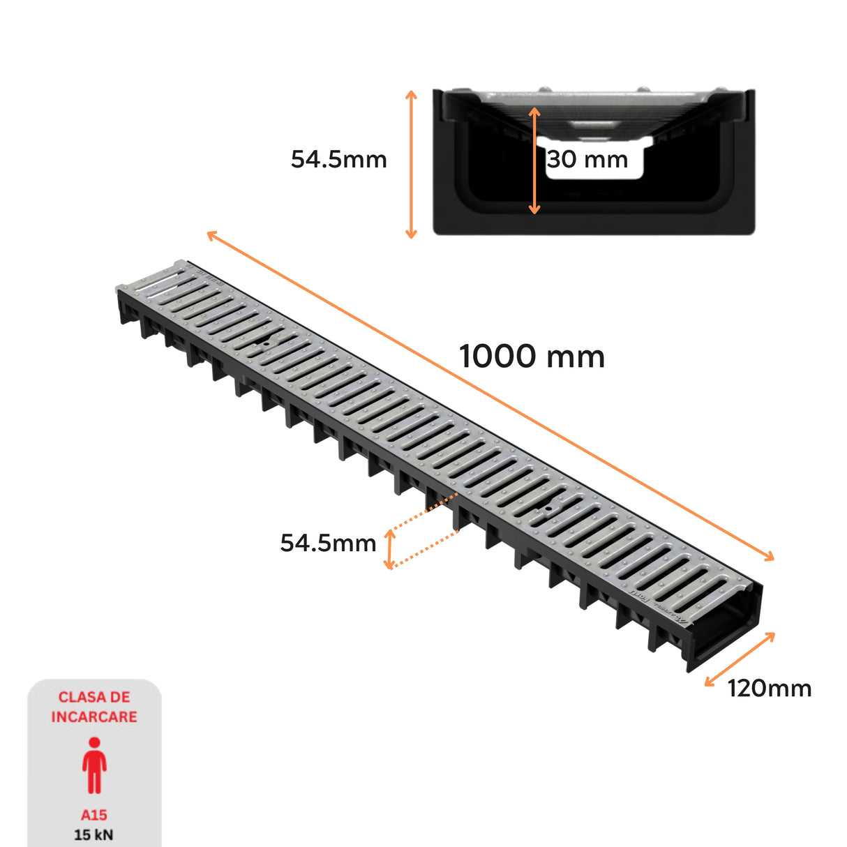 Dimensiuni rigola drenaj GM Rain H30 cu gratar din otel zincat, destinata utilizarii in exterior. Dimensiuni: 1000 mm lungime, 120 mm latime, 54.5 mm inaltime. Clasa de incarcare A15 potrivita pentru zone pietonale si rezidentiale.
