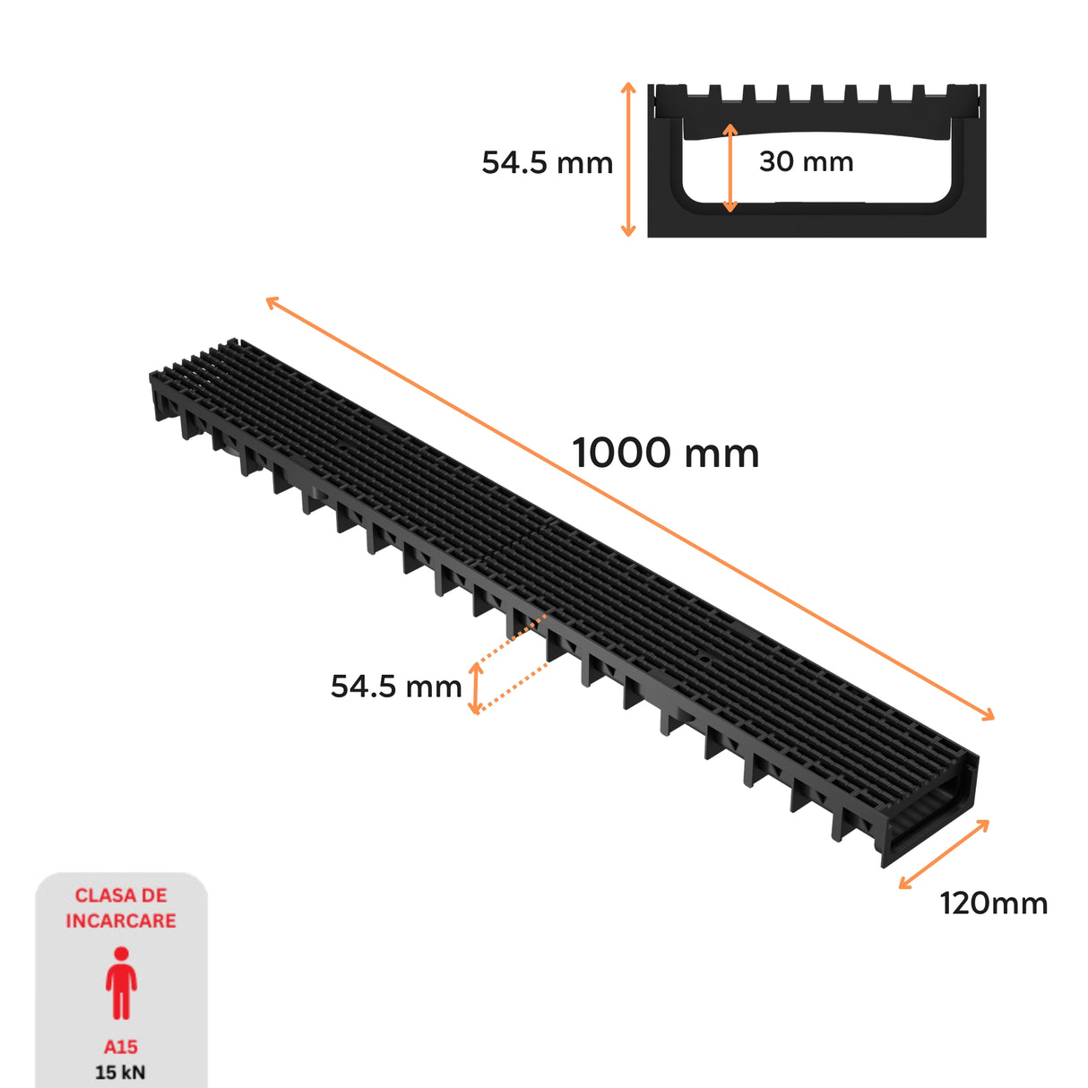 Dimensiuni rigola drenaj GM Rain H30 cu gratar din plastic negru, destinata utilizarii in exterior. Dimensiuni: 1000 mm lungime, 120 mm latime, 54.5 mm inaltime. Clasa de incarcare A15 potrivita pentru zone pietonale si rezidentiale.