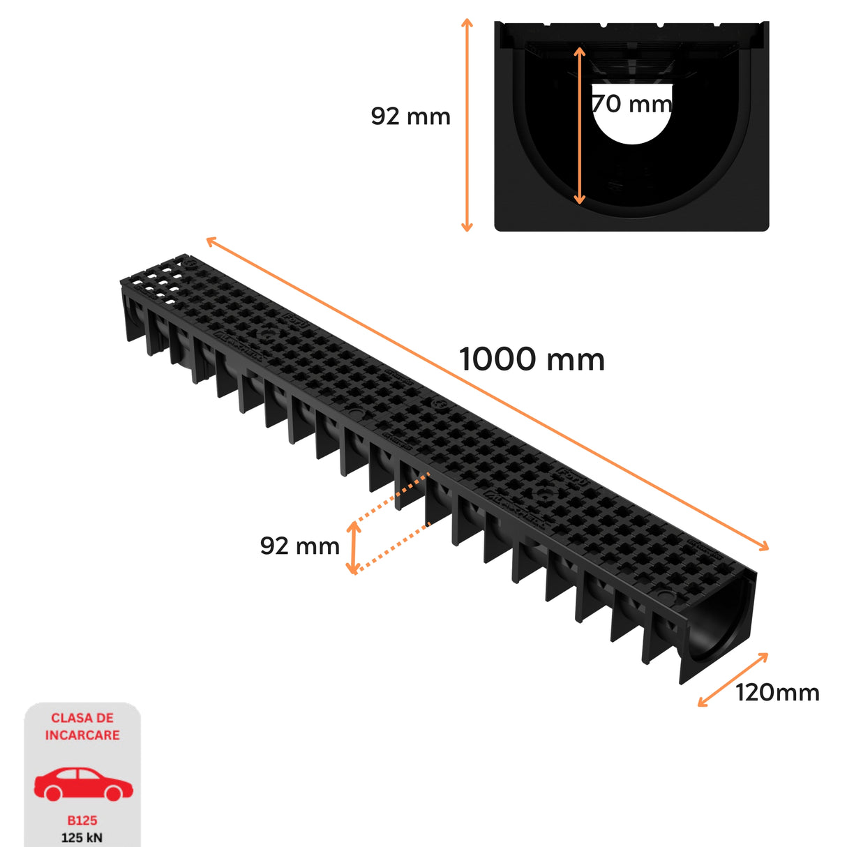 Dimensiuni rigola drenaj GM Rain H70 cu gratar din fonta ductila, destinata utilizarii in exterior. Dimensiuni: 1000 mm lungime, 120 mm latime, 92 mm inaltime. Clasa de incarcare B125 potrivita pentru zone comerciale si industriale.
