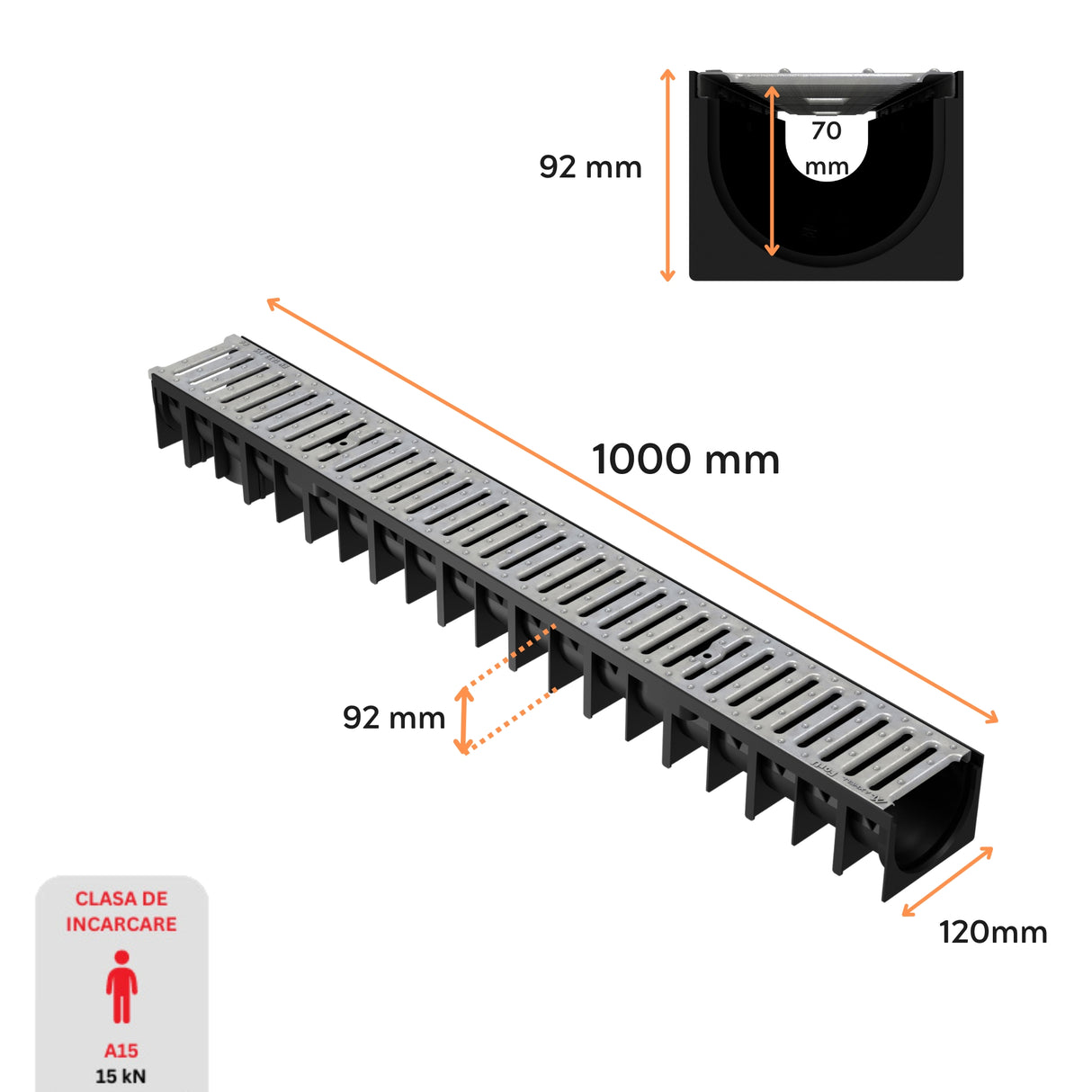 Dimensiuni rigola drenaj GM Rain H70 cu gratar din otel zincat, destinata utilizarii in exterior. Dimensiuni: 1000 mm lungime, 120 mm latime, 92 mm inaltime. Clasa de incarcare A15 potrivita pentru zone pietonale si rezidentiale.