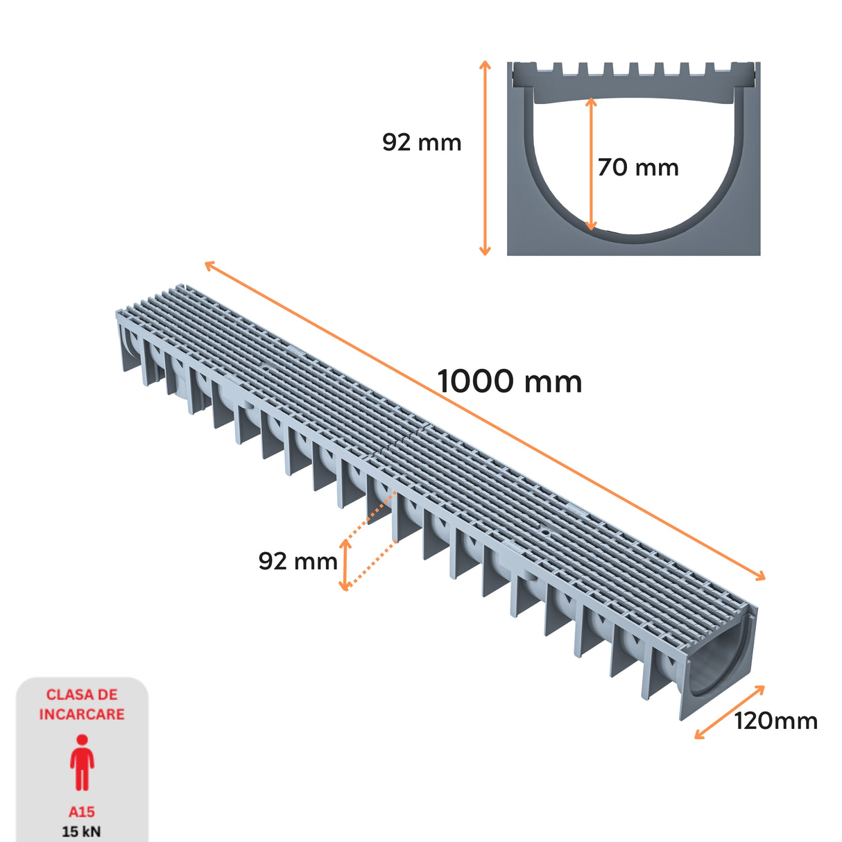 Dimensiuni rigola drenaj GM Rain H70 cu gratar din plastic gri, destinata utilizarii in exterior. Dimensiuni: 1000 mm lungime, 120 mm latime, 92 mm inaltime. Clasa de incarcare A15 potrivita pentru zone pietonale si rezidentiale.