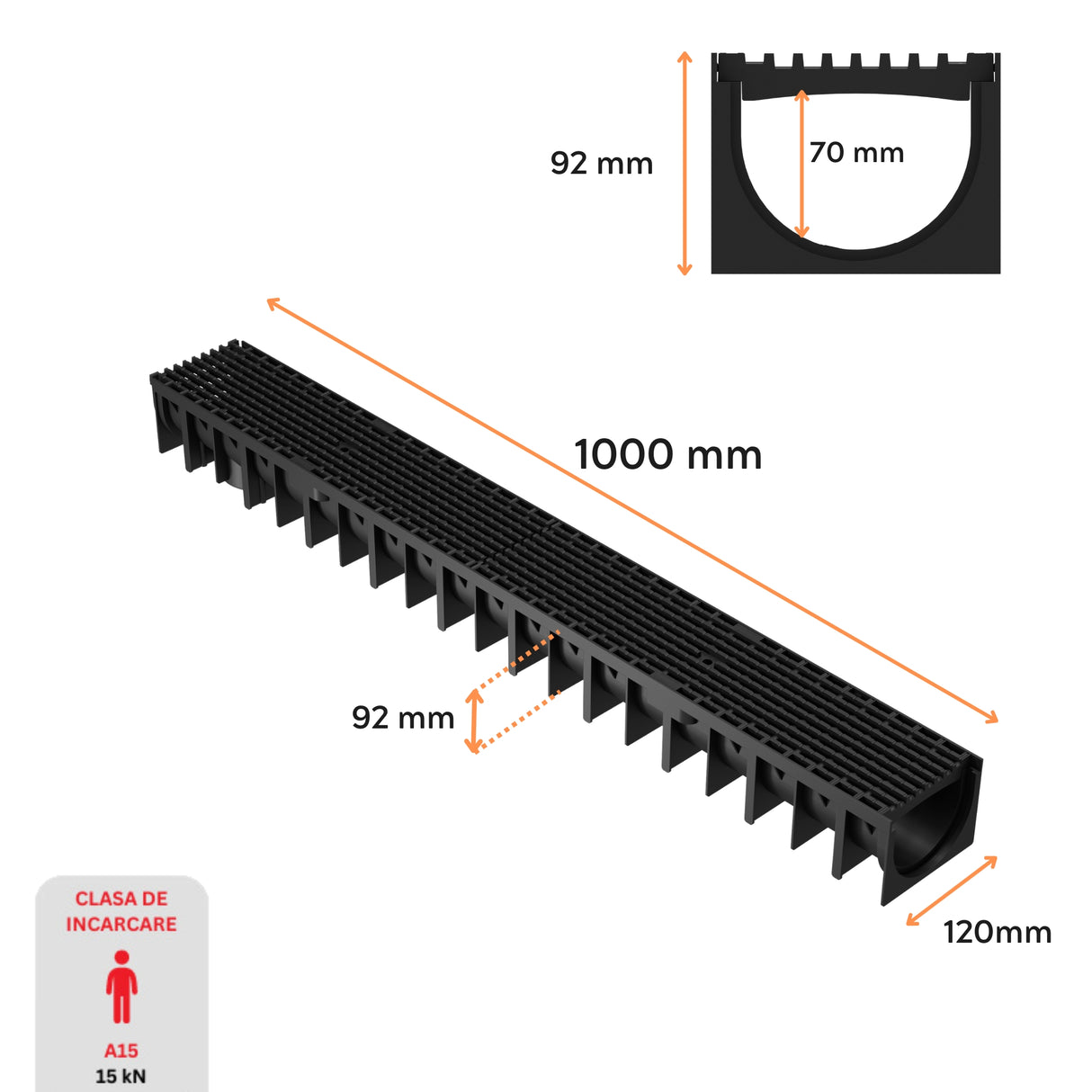 Dimensiuni rigola drenaj GM Rain H70 cu gratar din plastic negru, destinata utilizarii in exterior. Dimensiuni: 1000 mm lungime, 120 mm latime, 92 mm inaltime. Clasa de incarcare A15 potrivita pentru zone pietonale si rezidentiale.