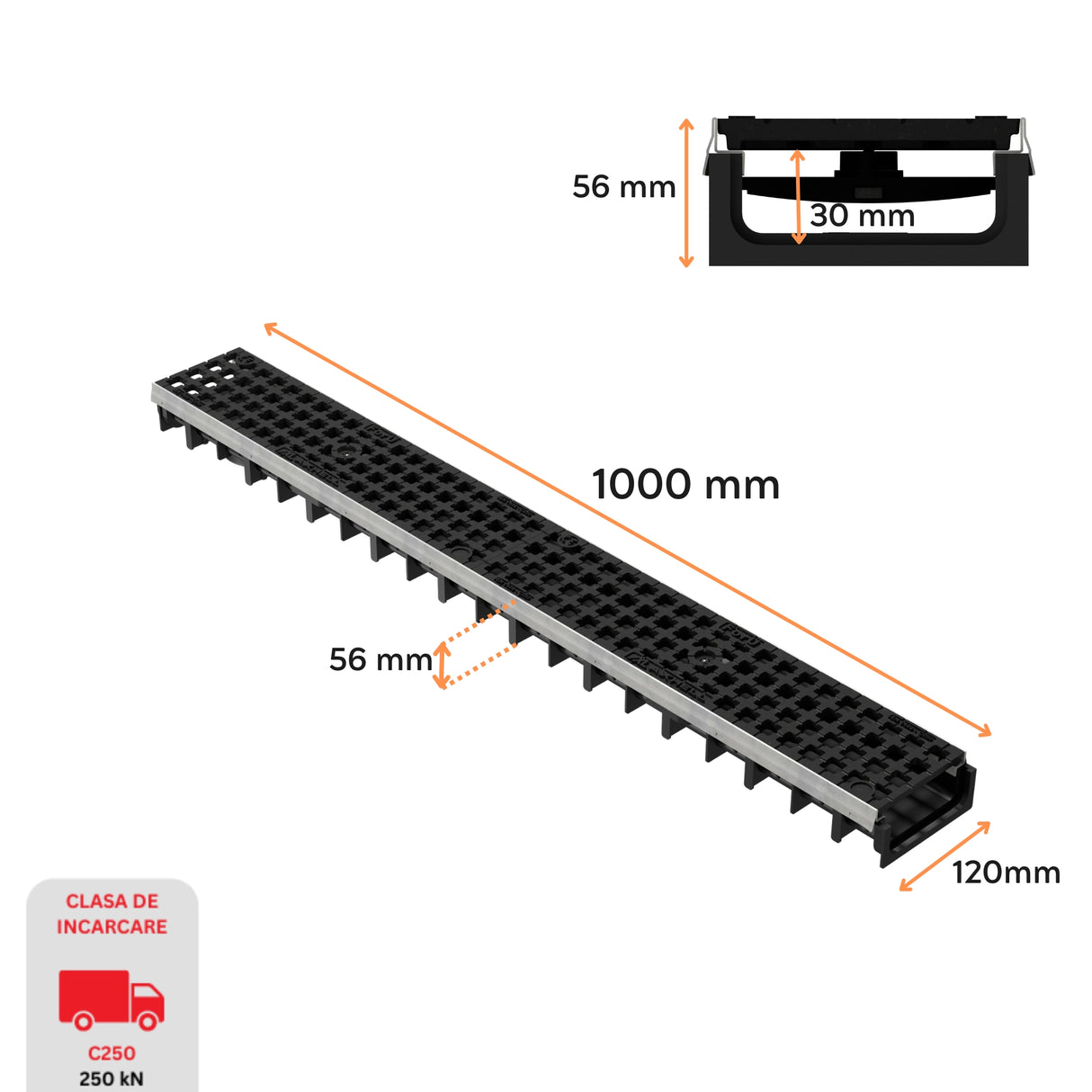 Dimensiuni rigola drenaj GM RainPro H30 cu gratar din fonta ductila, destinata utilizarii in exterior. Dimensiuni: 1000 mm lungime, 120 mm latime, 56 mm inaltime. Clasa de incarcare C250 potrivita pentru zone cu trafic intens, precum parcari si drumuri.