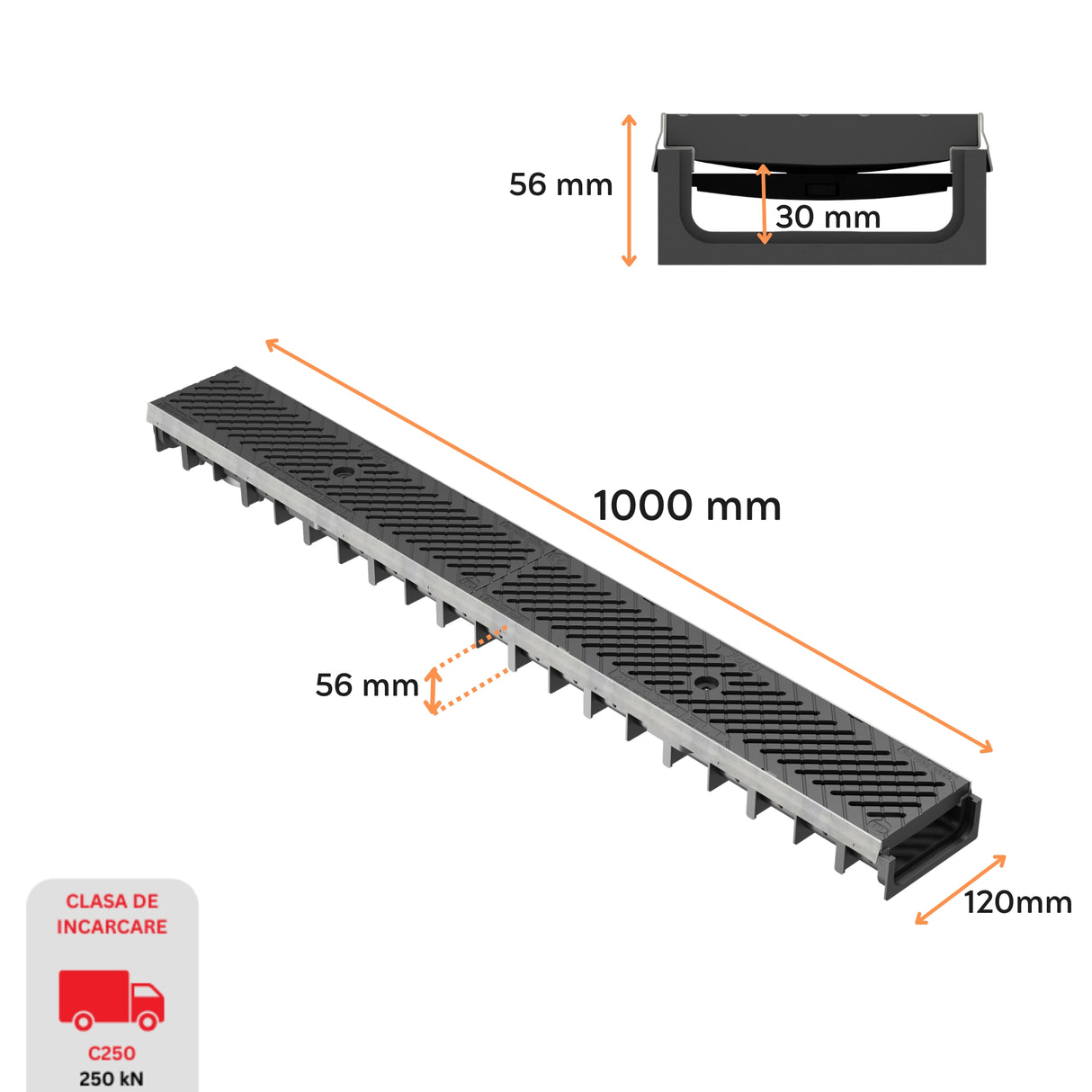 Dimensiuni rigola drenaj GM RainPro H30 cu gratar din PA, destinata utilizarii in exterior. Dimensiuni: 1000 mm lungime, 120 mm latime, 56 mm inaltime. Clasa de incarcare C250 potrivita pentru zone cu trafic intens, precum parcari si drumuri.