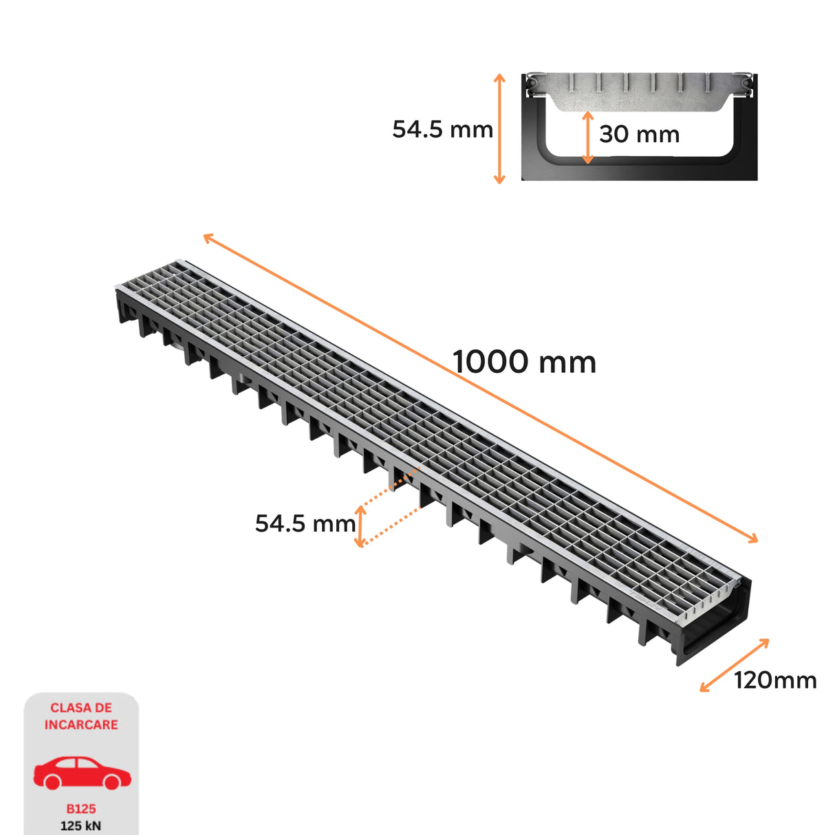 Dimensiuni rigola drenaj GM Rain H30 cu gratar din otel galvanizat, destinata utilizarii in exterior. Dimensiuni: 1000 mm lungime, 120 mm latime, 54.5 mm inaltime. Clasa de incarcare B125 potrivita pentru zone comerciale si industriale.