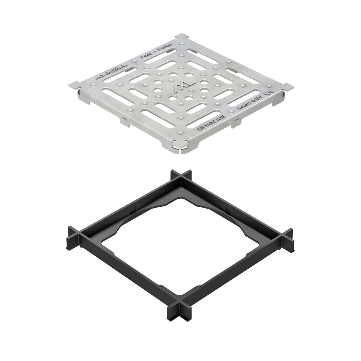 Grătar de colectare Gimani Rain din oțel zincat cu ramă inclusă, destinat gestionării apelor pluviale în zone cu trafic pietonal și vehicular redus, oferind performanță excelentă și protecție împotriva coroziunii