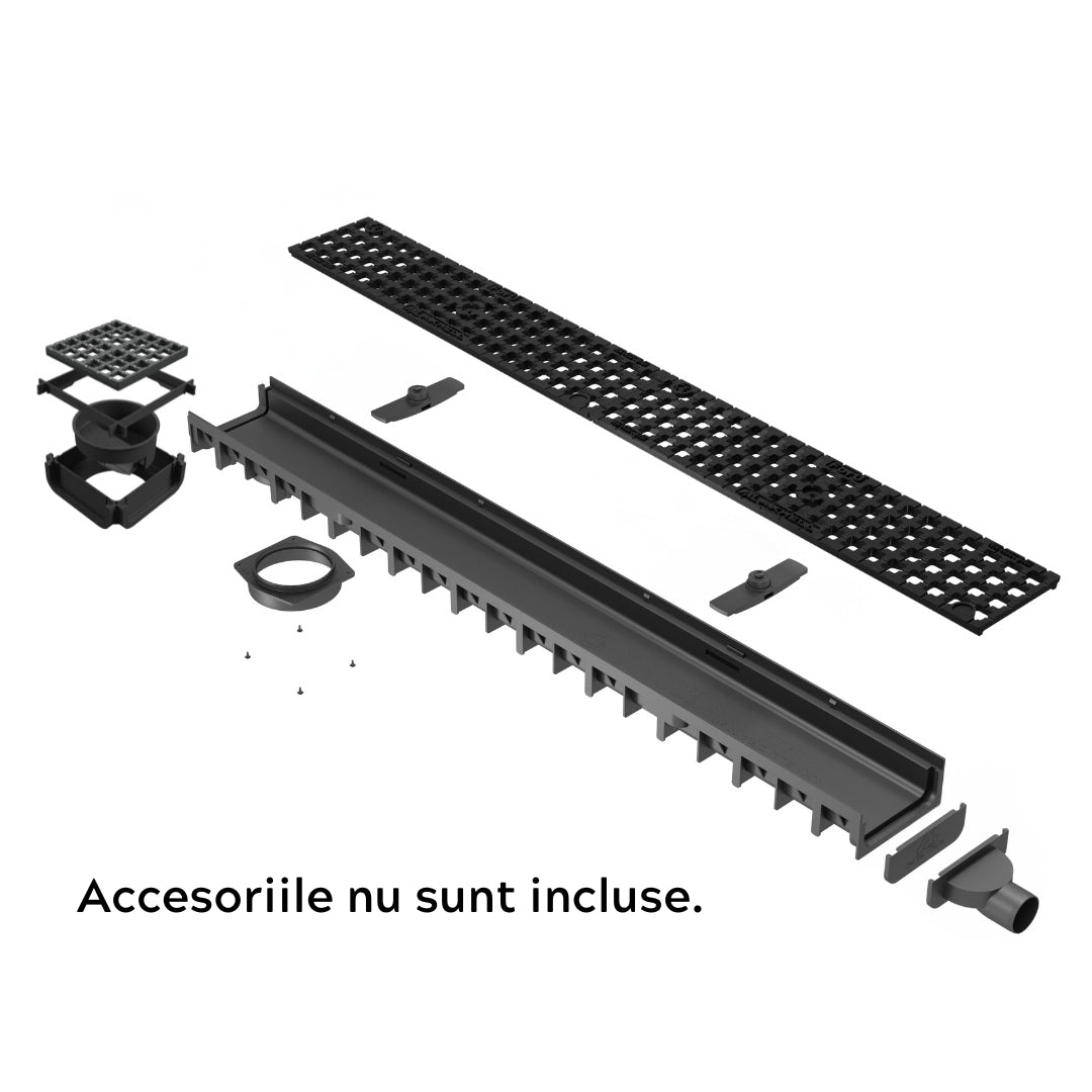 Rigola drenaj GM Rain H30 cu gratar din fonta ductila, cu accesorii, destinata utilizarii in exterior. Dimensiuni: 1000 mm lungime, 120 mm latime, 54.5 mm inaltime. Clasa de incarcare B125 potrivita pentru zone rezidentiale. Accesoriile nu sunt incluse.