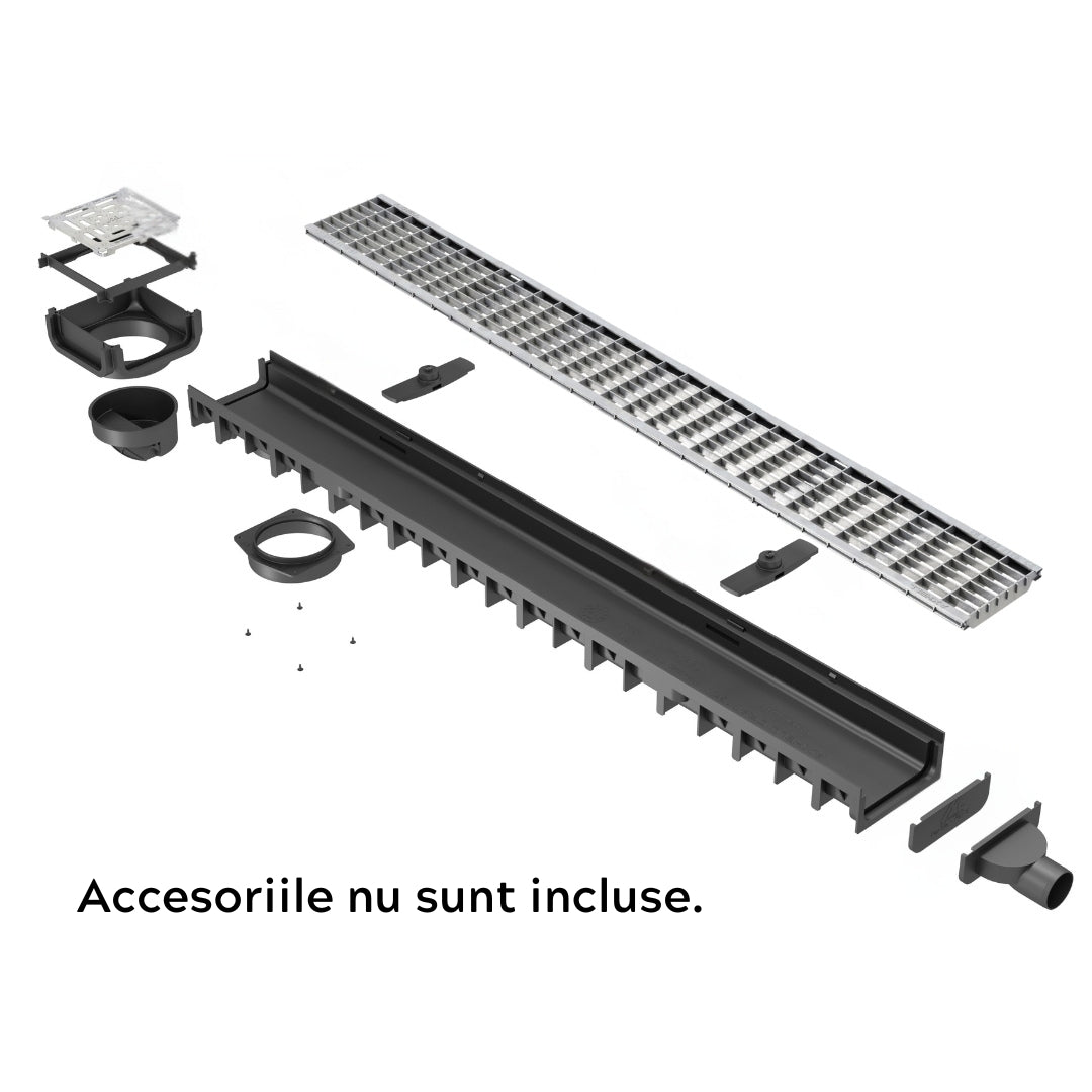 Rigola drenaj GM Rain H30 cu gratar din otel galvanizat, cu accesorii, destinata utilizarii in exterior. Dimensiuni: 1000 mm lungime, 120 m latime, 54.5 mm inaltime. Clasa de incarcare B125 potrivit pentru zone rezidentiale. Accesoriile nu sunt incluse.