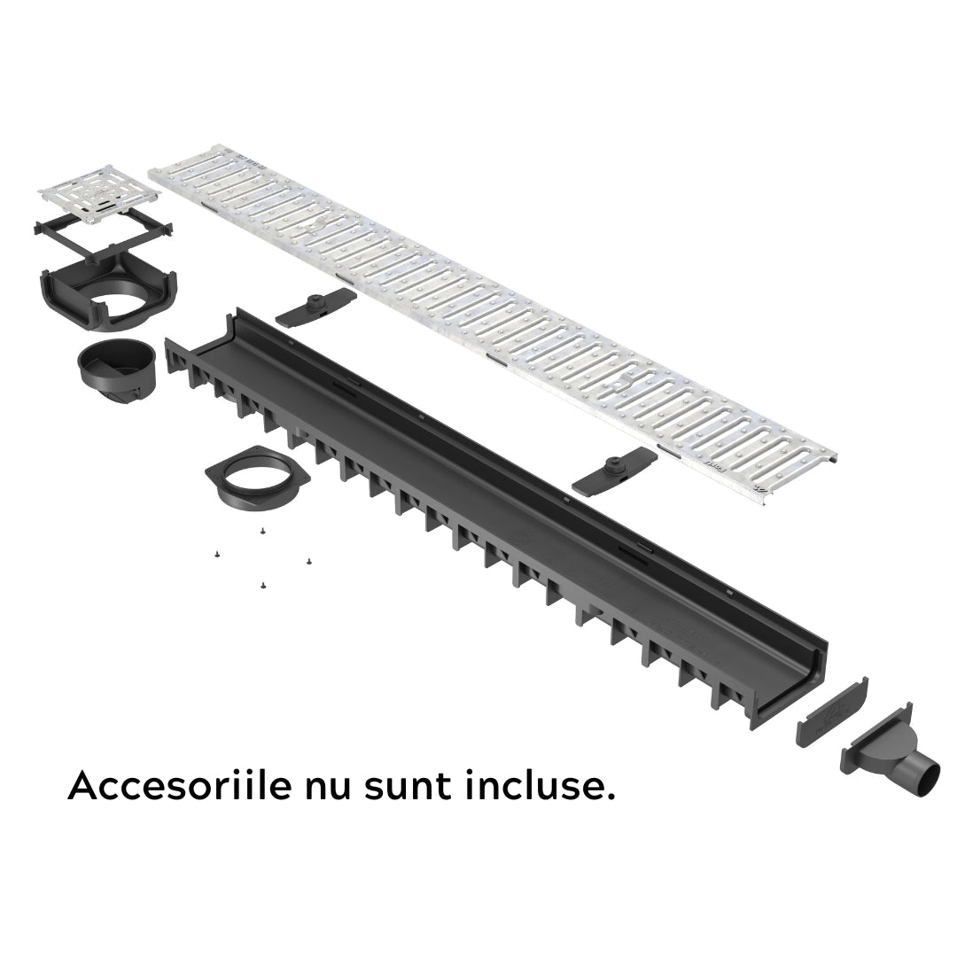 Rigola drenaj GM Rain H30 cu gratar din otel zincat, cu accesorii, destinata utilizarii in exterior. Dimensiuni: 1000 mm lungime, 120 mm latime, 54.5 mm inaltime. Clasa de incarcare A15 este potrivita pentru zone pietonale. Accesoriile nu sunt incluse.