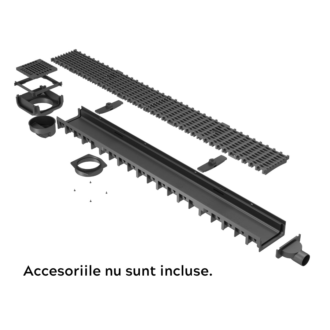 Rigola drenaj GM Rain H30 cu gratar din plastic negru, cu accesorii, destinata utilizarii in exterior. Dimensiuni: 1000 mm lungime, 120 mm latime, 54.5 mm inaltime. Clasa de incarcare A15 potrivita pentru zone pietonale. Accesoriile nu sunt incluse.