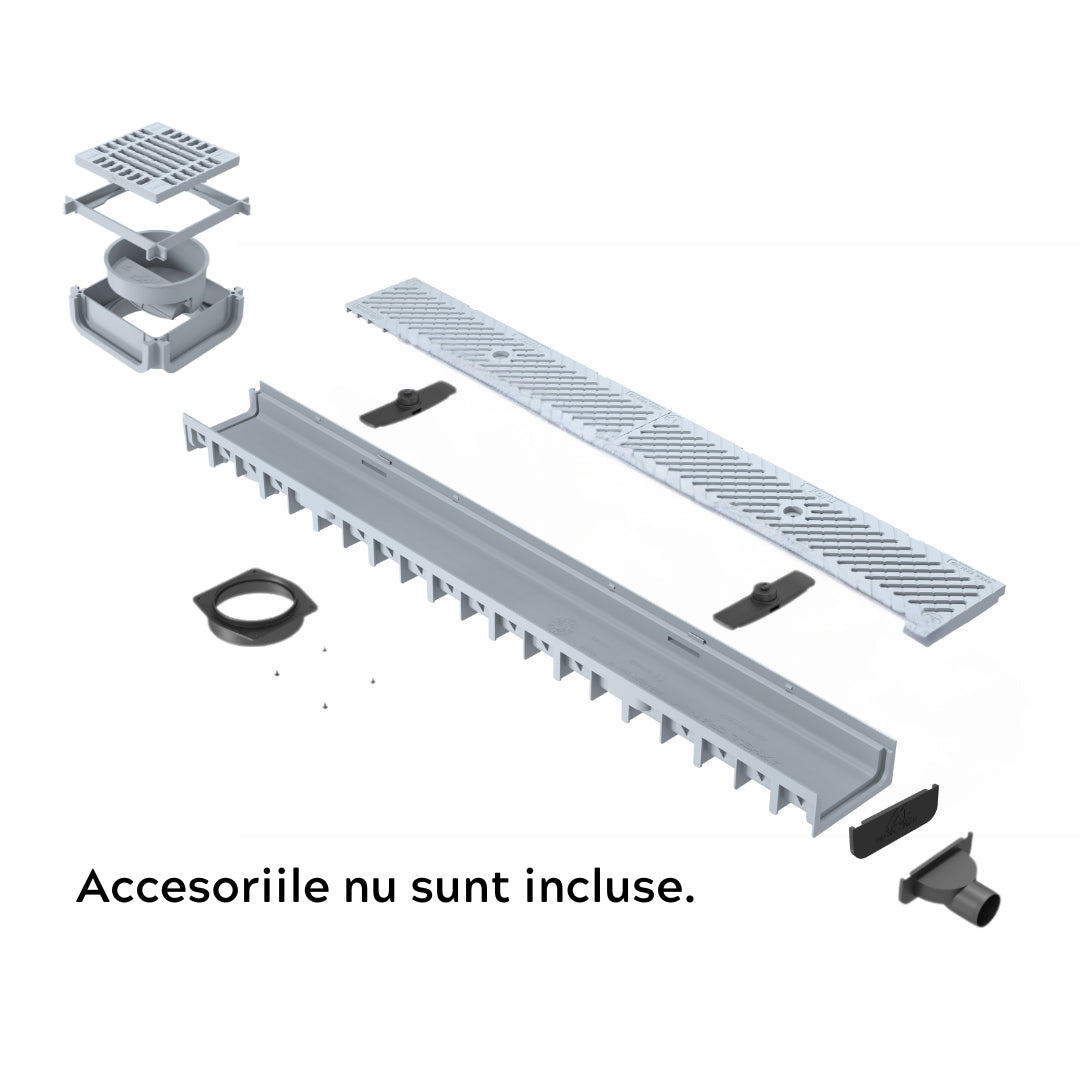 Rigola drenaj GM Rain H30 cu gratar din plastic gri, cu accesorii, destinata utilizarii in exterior. Dimensiuni: 1000 mm lungime, 120 mm latime, 54.5 mm inaltime. Clasa de incarcare A15 potrivita pentru zone pietonale. Accesoriile nu sunt incluse.