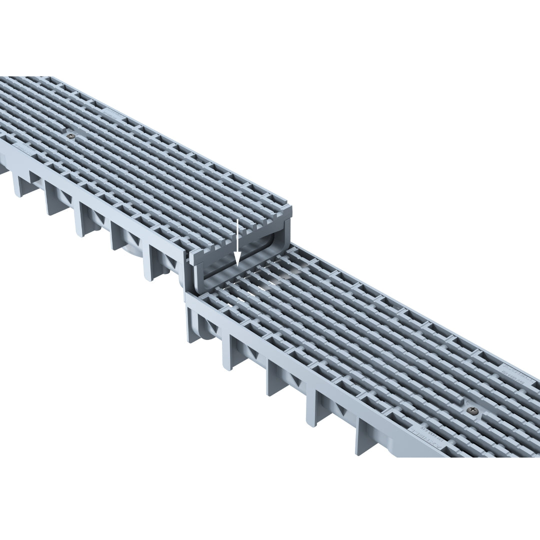 Doua rigole drenaj GM Rain H30 cu gratar din plastic gri, care se conecteaza, destinate utilizarii in exterior. Clasa de incarcare A15 este potrivita pentru zone pietonale si rezidentiale.