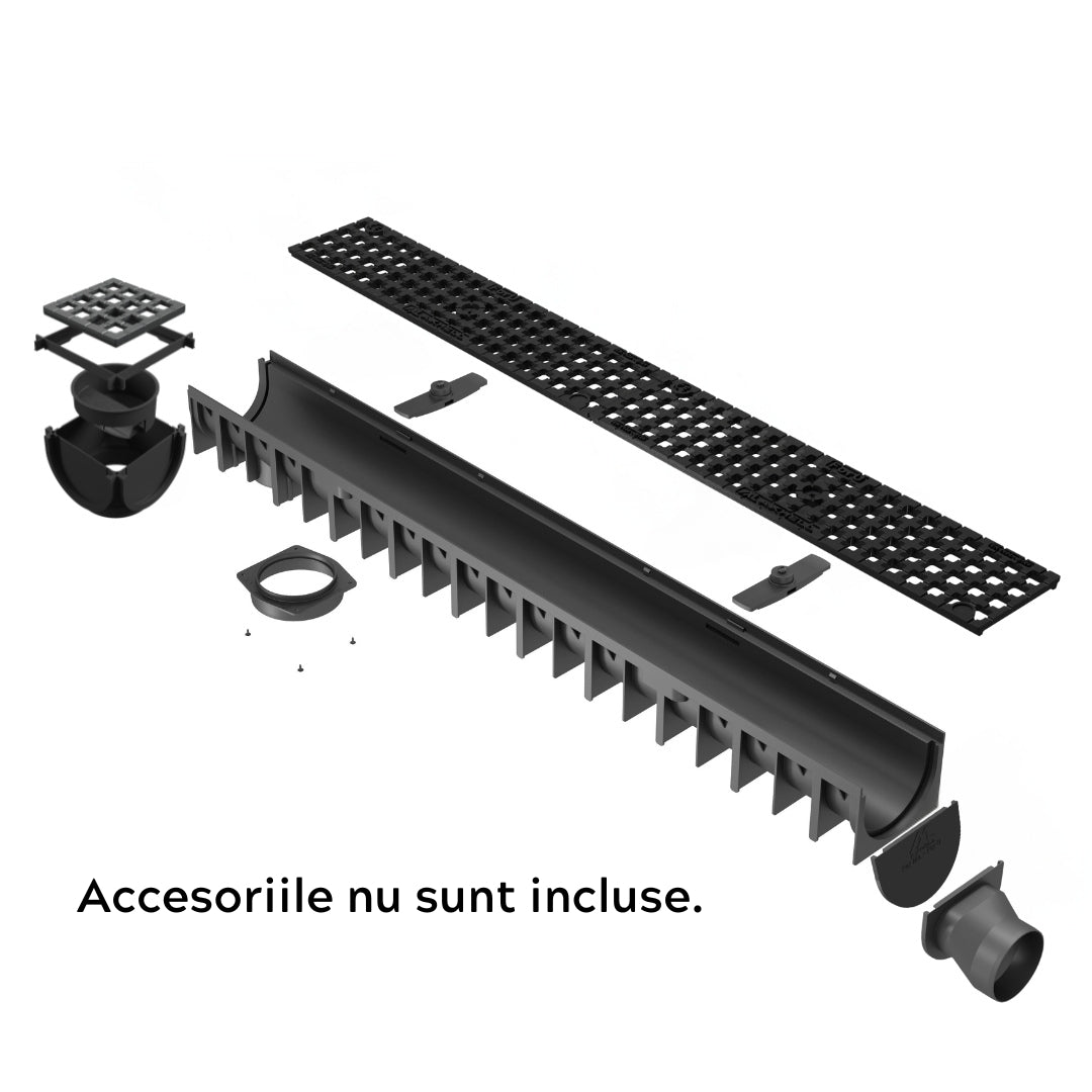 Rigola drenaj GM Rain H70 cu gratar din fonta ductila, cu accesorii, destinata utilizarii in exterior. Dimensiuni: 1000 mm lungime, 120 mm latime, 92 mm inaltime. Clasa de incarcare B125 potrivit pentru zone rezidentiale. Accesoriile nu sunt incluse.