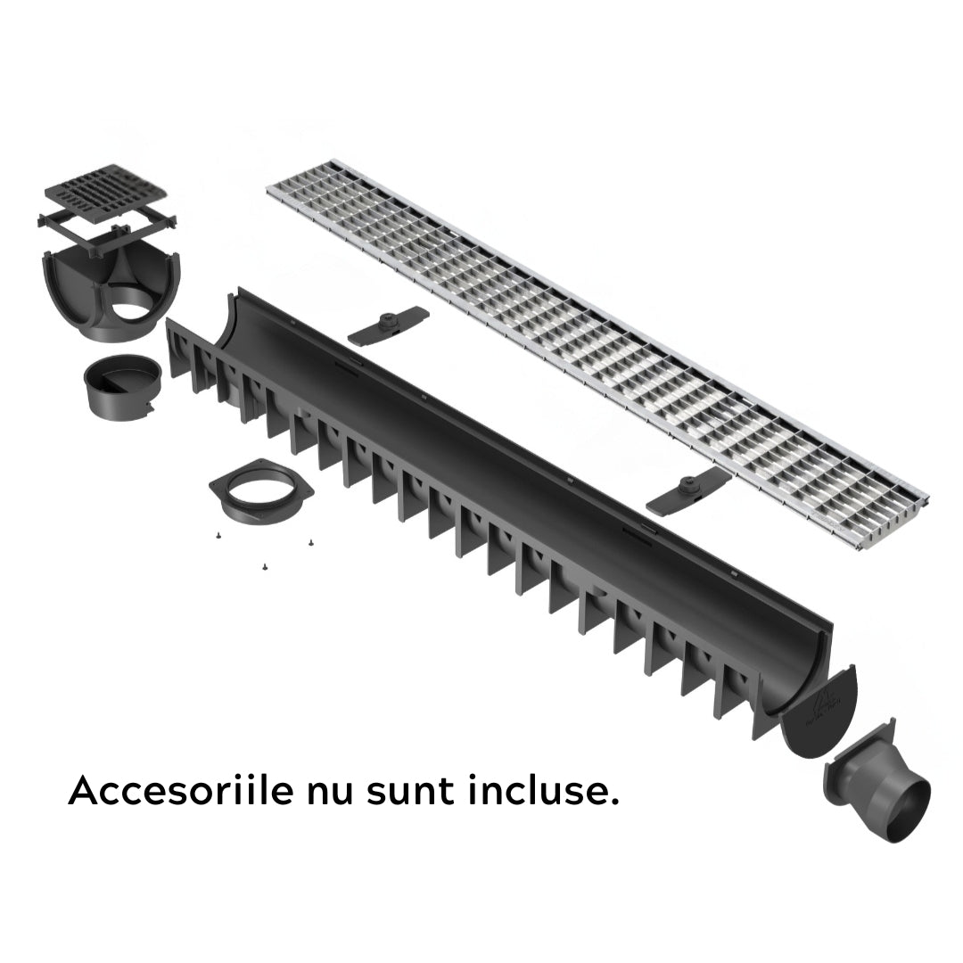 Rigola drenaj GM Rain H70 cu gratar din otel galvanizat, cu accesorii, destinata utilizarii in exterior. Dimensiuni: 1000 mm lungime, 120 mm latime, 92 mm inaltime. Clasa de incarcare B125 este potrivita pentru zone rezidentiale. Accesoriile nu sunt incluse.