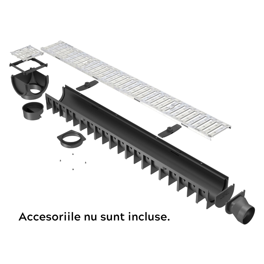 Rigola drenaj GM Rain H70 cu gratar din otel zincat, cu accesorii, destinata utilizarii in exterior. Dimensiuni: 1000 mm lungime, 120 mm latime, 92 mm inaltime. Clasa de incarcare A15 potrivita pentru zone pietonale. Accesoriile nu sunt incluse.