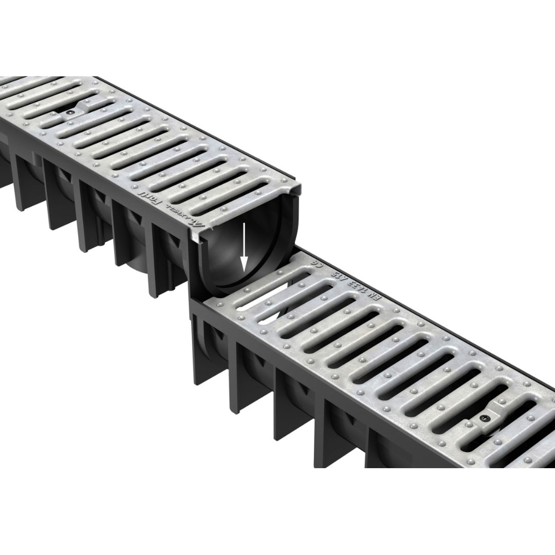 Doua rigole drenaj GM Rain H70 cu gratar din otel zincat, care se conecteaza, destinate utilizarii in exterior. Clasa de incarcare A15 potrivita pentru zone pietonale si rezidentiale.