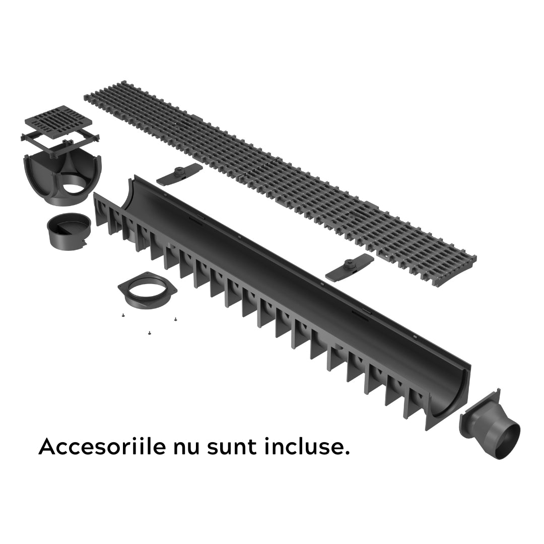 Rigola drenaj GM Rain H70 cu gratar din plastic negru, cu accesorii, destinata utilizarii in exterior. Dimensiuni: 1000 mm lungime, 120 mm latime, 92 mm inaltime. Clasa de incarcare A15 potrivita pentru zone pietonale. Accesoriile nu sunt incluse.