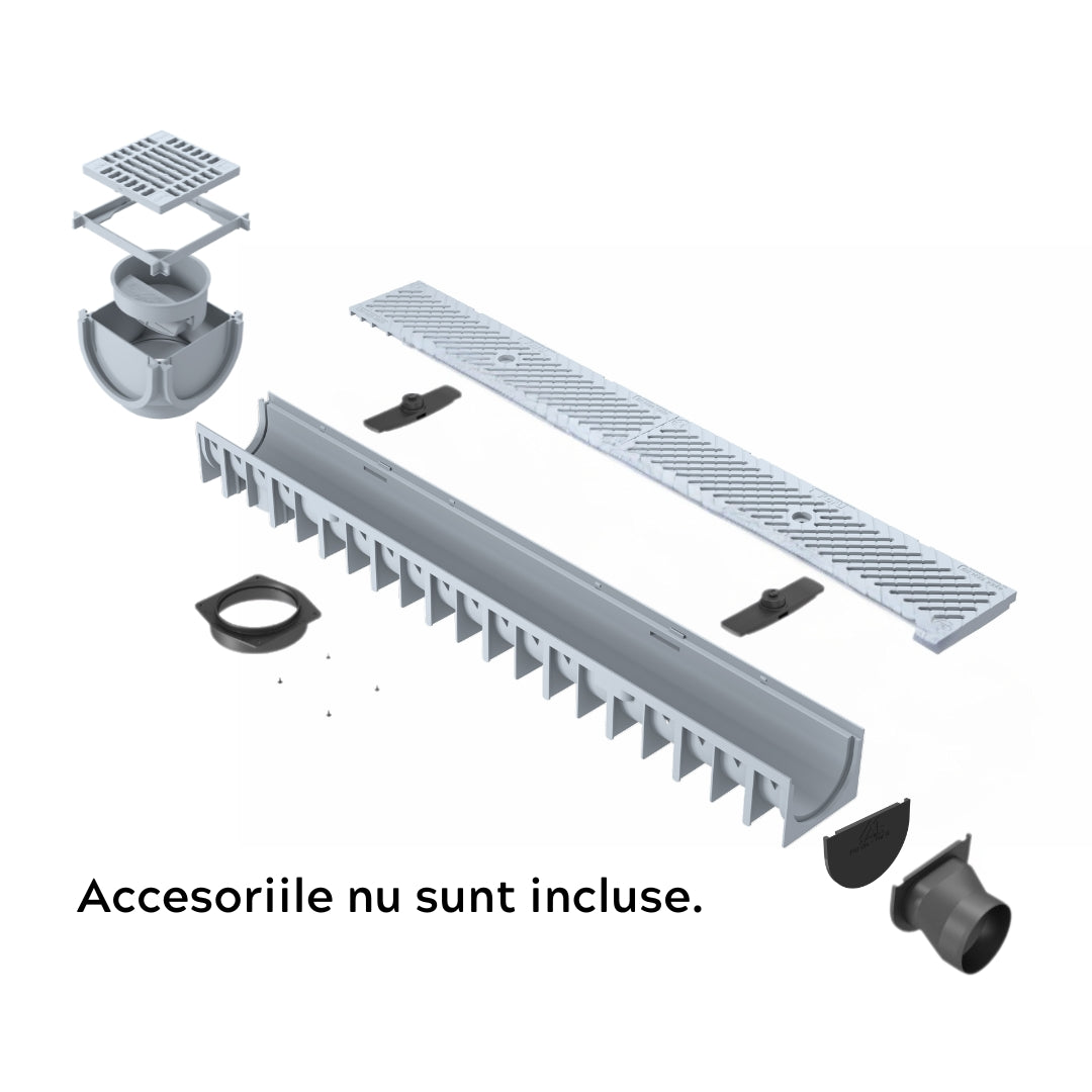 Rigola drenaj GM Rain H70 cu gratar din plastic gri, cu accesorii, destinata utilizarii in exterior. Dimensiuni: 1000 mm lungime, 120 mm latime, 92 mm inaltime. Clasa de incarcare A15 potrivita pentru zone pietonale. Accesoriile nu sunt incluse.