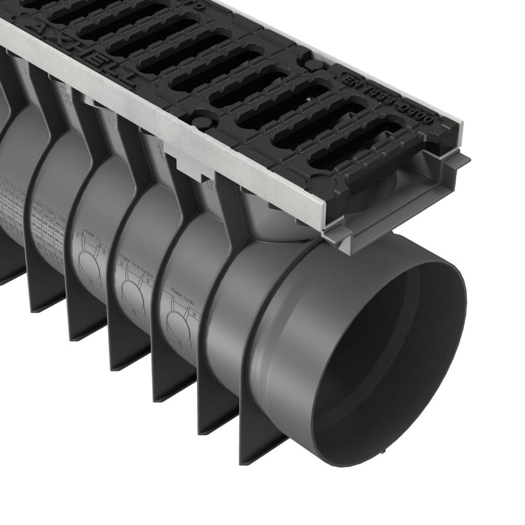 Rigolă Gimani Construct Pro cu Grătar Fonta, 1000x160x245mm, D400, Margine Otel Zincat, Sistem fixare