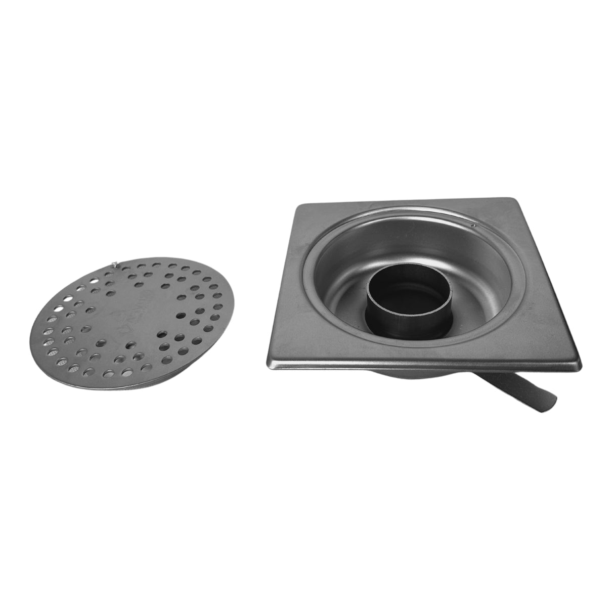 Sifon Asvox din otel inoxidabil, pietonal, vertical, cu următoarele dimensiuni, lungime de 150 mm, lățime de 150 mm și înălțime de 75 mm. Soluția ideală pentru drenaj eficient și fiabil în spațiile pietonale.