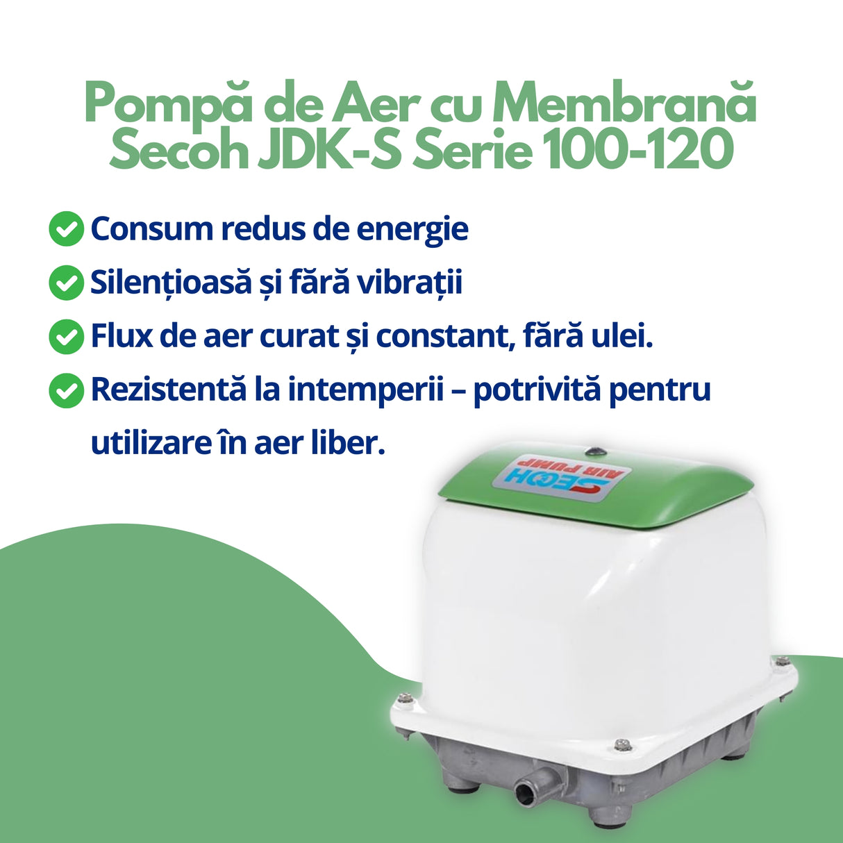 Suflanta cu membrană Secoh JDK-S-100, soluție compactă și eficientă pentru stațiile de epurare a apelor uzate, cu un consum redus de energie și performanță constantă în aerarea apelor menajere și industriale.