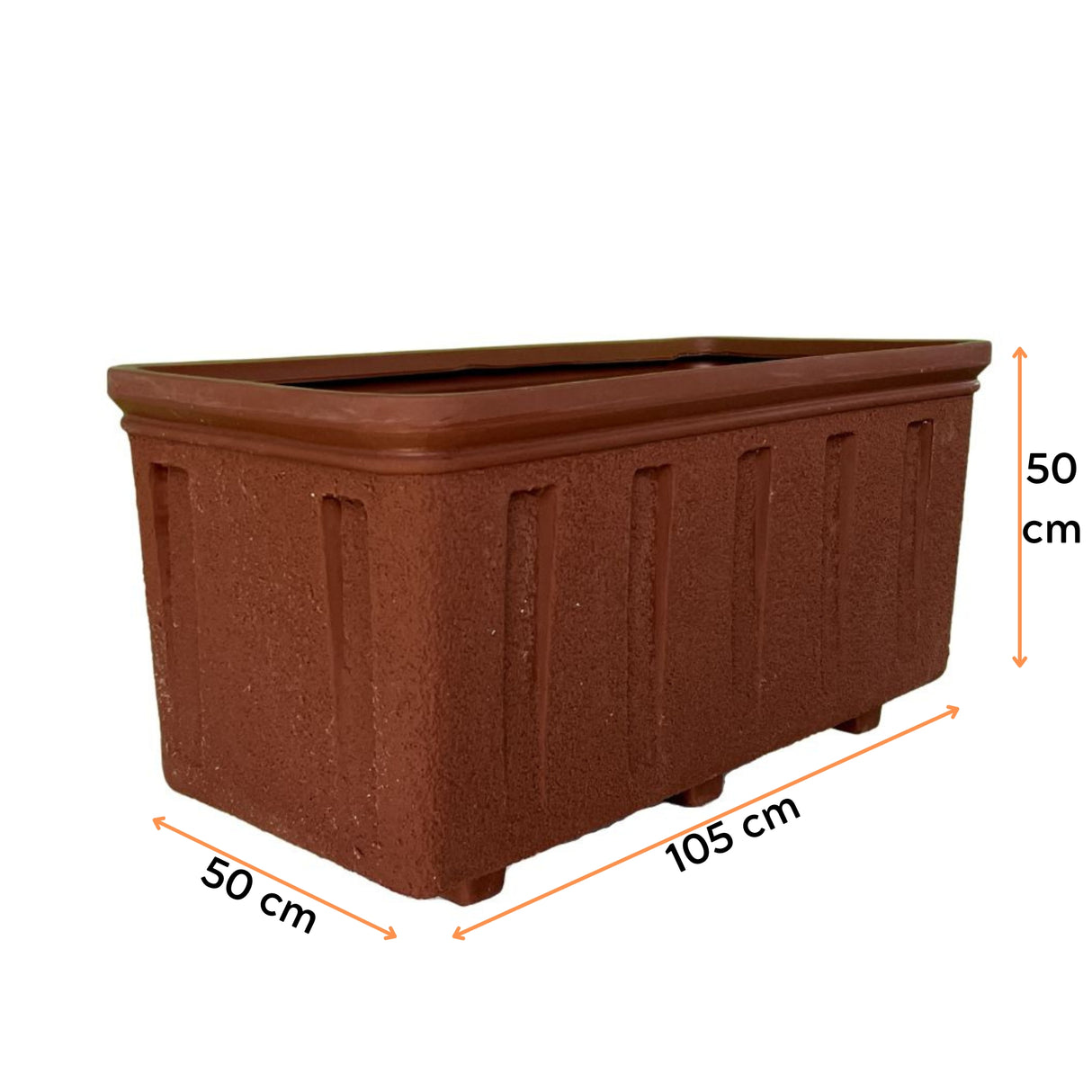 Ghiveci CATANIA, din LLDPE, de culoare maro, cu dimensiunile următoare, lungime 105 cm, lățime 50 cm și înălțime 50 cm.