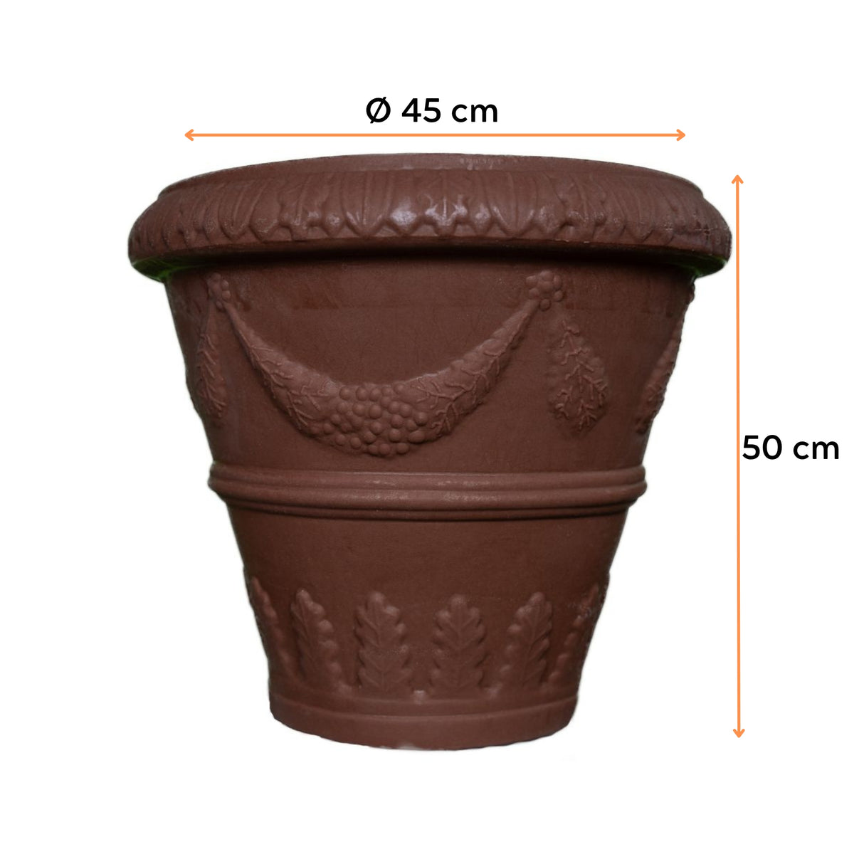Ghiveci RIMINI, din LLDPE, de culoare maro, cu următoarele dimensiuni, înălțimea de 50 cm și diametrul de 45 cm