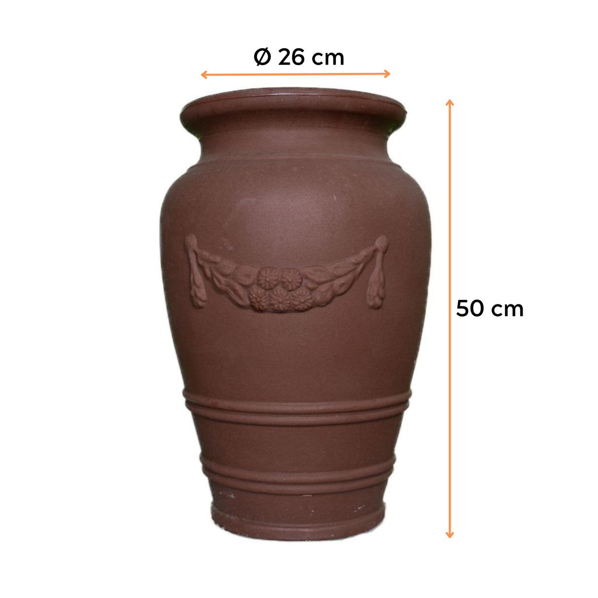 Ghiveci ROMA, din LLDPE, de culoare maro cu următoarele dimensiuni, înălțime de 50 cm și diametru de 26 cm.