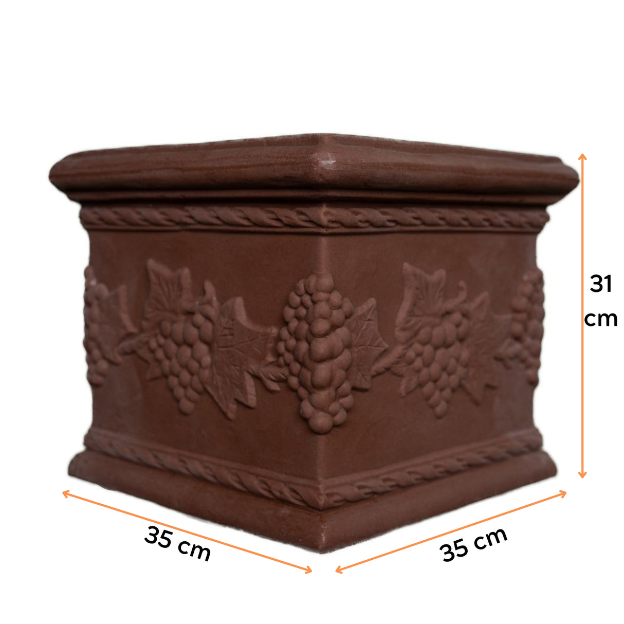 Ghiveci SICILIA din LLDPE de culoare maro, cu dimensiunile următoare, lungime de 35 cm, lățime de 35 cm și înălțime de 31 cm.
