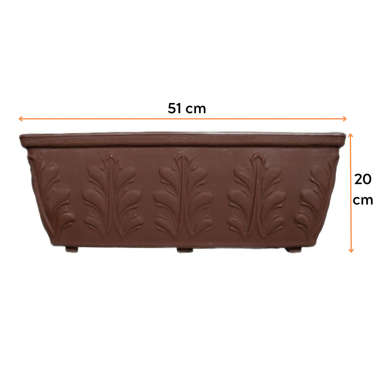 Ghiveci SIENA din LLDPE, de culare maro, cu dimensiunile următoare, lungime de 51 cm, lățime de 21 cm și înălțime de 20 cm.