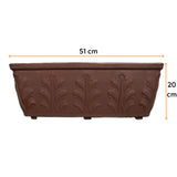 Ghiveci SIENA din LLDPE, de culare maro, cu dimensiunile următoare, lungime de 51 cm, lățime de 21 cm și înălțime de 20 cm.