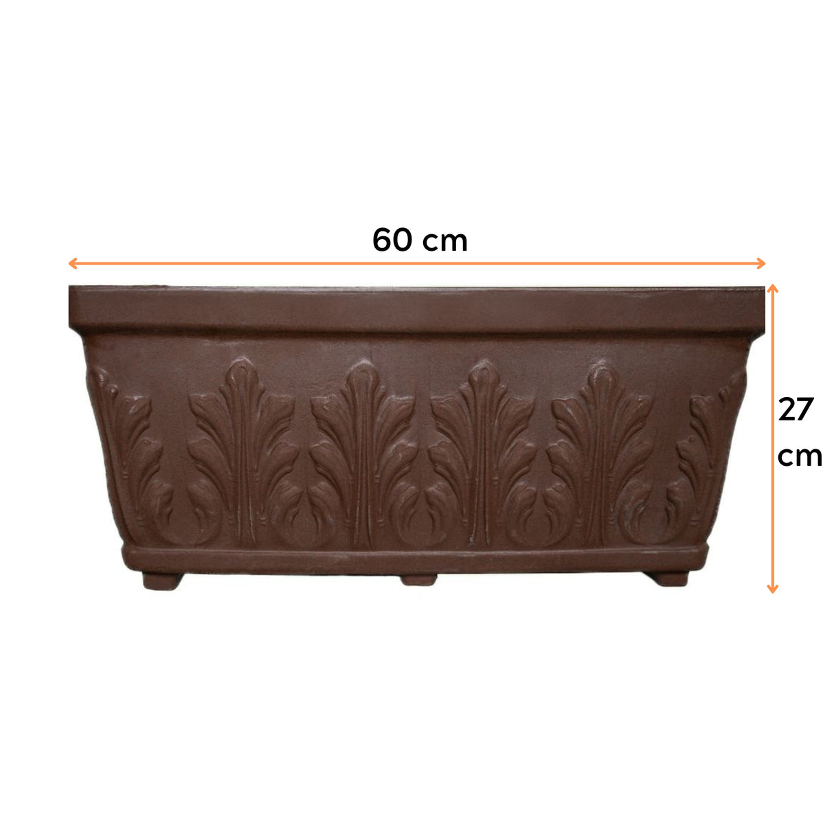 Ghiveci VENEȚIA, din LLDPE de culoare maro, cu dimensiunile următoare, lungime 60 cm, lățime 30 cm și înălțime de 27 cm.