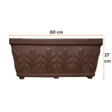 Ghiveci VENEȚIA, din LLDPE de culoare maro, cu dimensiunile următoare, lungime 60 cm, lățime 30 cm și înălțime de 27 cm.