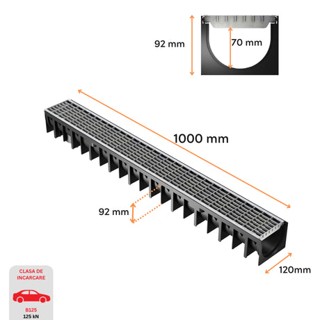 Dimensiuni rigola drenaj GM Rain H70 cu gratar din otel galvanizat, destinata utilizarii in exterior. Dimensiuni: 1000 mm lungime, 120 mm latime, 92 mm inaltime. Clasa de incarcare B125 potrivita pentru zone comerciale si industriale.
