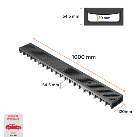 Dimensiuni rigola drenaj GM Rain H30 cu gratar din PA, destinata utilizarii in exterior. Dimensiuni: 1000 mm lungime, 120 mm latime, 54.5 mm inaltime. Clasa de incarcare B125 potrivita pentru zone comerciale si industriale.