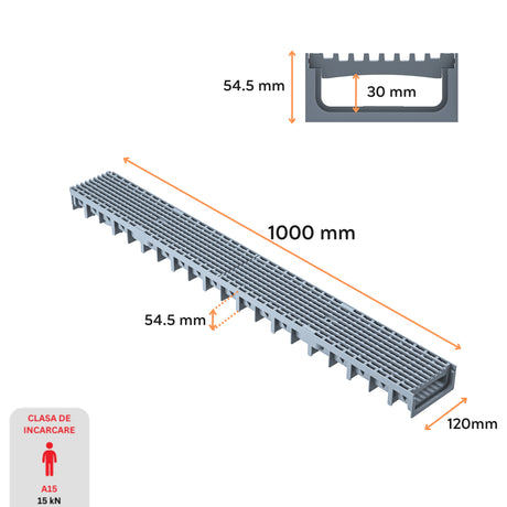 Dimensiuni rigola drenaj GM Rain H30 cu gratar din plastic gri, destinata utilizarii in exterior. Dimensiuni: 1000 mm lungime, 120 mm latime, 54.5 mm inaltime. Clasa de incarcare A15 potrivita pentru zone pietonale si rezidentiale.
