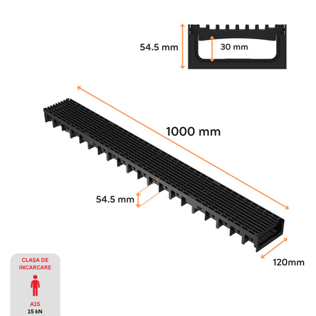 Dimensiuni rigola drenaj GM Rain H30 cu gratar din plastic negru, destinata utilizarii in exterior. Dimensiuni: 1000 mm lungime, 120 mm latime, 54.5 mm inaltime. Clasa de incarcare A15 potrivita pentru zone pietonale si rezidentiale.

