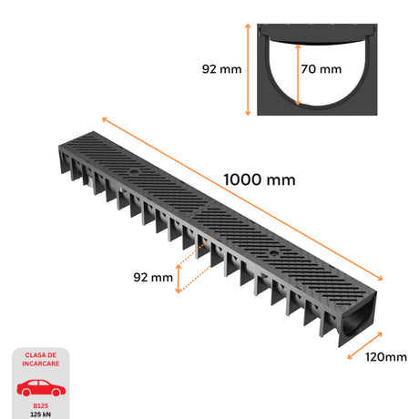 Dimensiuni rigola drenaj GM Rain H70 cu gratar din PA, destinata utilizarii in exterior. Dimensiuni: 1000 mm lungime, 120 mm latime, 92 mm inaltime. Clasa de incarcare B125 potrivita pentru zone comerciale si industriale.