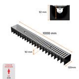 Dimensiuni rigola drenaj GM Rain H70 cu gratar din otel zincat, destinata utilizarii in exterior. Dimensiuni: 1000 mm lungime, 120 mm latime, 92 mm inaltime. Clasa de incarcare A15 potrivita pentru zone pietonale si rezidentiale.
