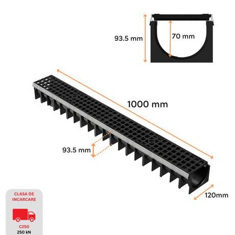 Dimensiuni rigola drenaj GM RainPro H70 cu gratar din fonta ductila, destinata utilizarii in exterior. Dimensiuni: 1000 mm lungime, 120 mm latime, 93.5 mm inaltime. Clasa de incarcare C250 potrivita pentru zone comerciale si industriale.