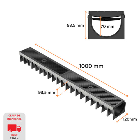 Dimensiuni rigola drenaj GM RainPro H70 cu gratar din material compozit, destinata utilizarii in exterior. Dimensiuni: 1000 mm lungime, 120 mm latime, 93.5 mm inaltime. Clasa de incarcare C250 potrivita pentru zone comerciale si industriale.