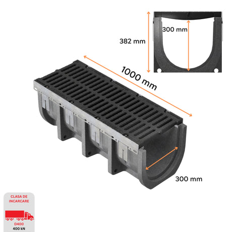 Rigola Gimani MegaDrain din polipropilenă, cu grătar din fontă ductilă, cu dimensiunile următoare, lungime de 1000 mm, lățime de 300 mm, înălțime exterioară de 382 mm și înălțime interioară de 300 mm. Clasă de încărcare D400.