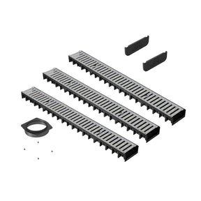 3 bucati rigola drenaj GM Rain H30 cu gratar din otel zincat cu 2 capete de inchidere si un racord de evacuare cu suruburi, destinata utilizarii in exterior. Dimensiuni: 1000 mm lungime, 120 mm latime, 54.5 mm inaltime. Clasa de incarcare A15 potrivita pentru zone pietonale si rezidentiale.