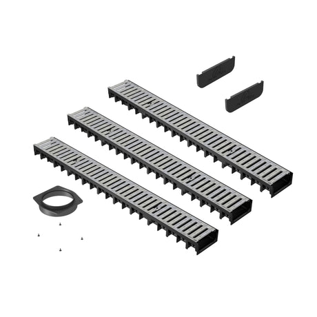 3 bucati rigola drenaj GM Rain H30 cu gratar din otel zincat cu 2 capete de inchidere si un racord de evacuare cu suruburi, destinata utilizarii in exterior. Dimensiuni: 1000 mm lungime, 120 mm latime, 54.5 mm inaltime. Clasa de incarcare A15 potrivita pentru zone pietonale si rezidentiale.