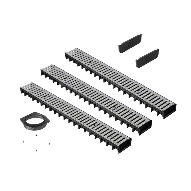 3 bucati rigola drenaj GM Rain H30 cu gratar din otel zincat cu 2 capete de inchidere si un racord de evacuare cu suruburi, destinata utilizarii in exterior. Dimensiuni: 1000 mm lungime, 120 mm latime, 54.5 mm inaltime. Clasa de incarcare A15 potrivita pentru zone pietonale si rezidentiale.