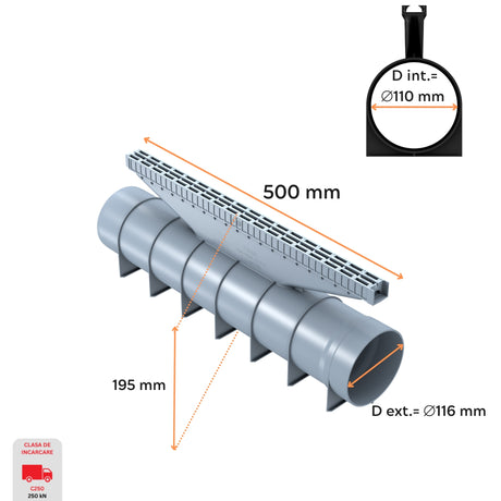 Rigola de drenaj GM One din polipropilena gri, dimensiuni 540x116x195mm, cu clasa de incarcare C250