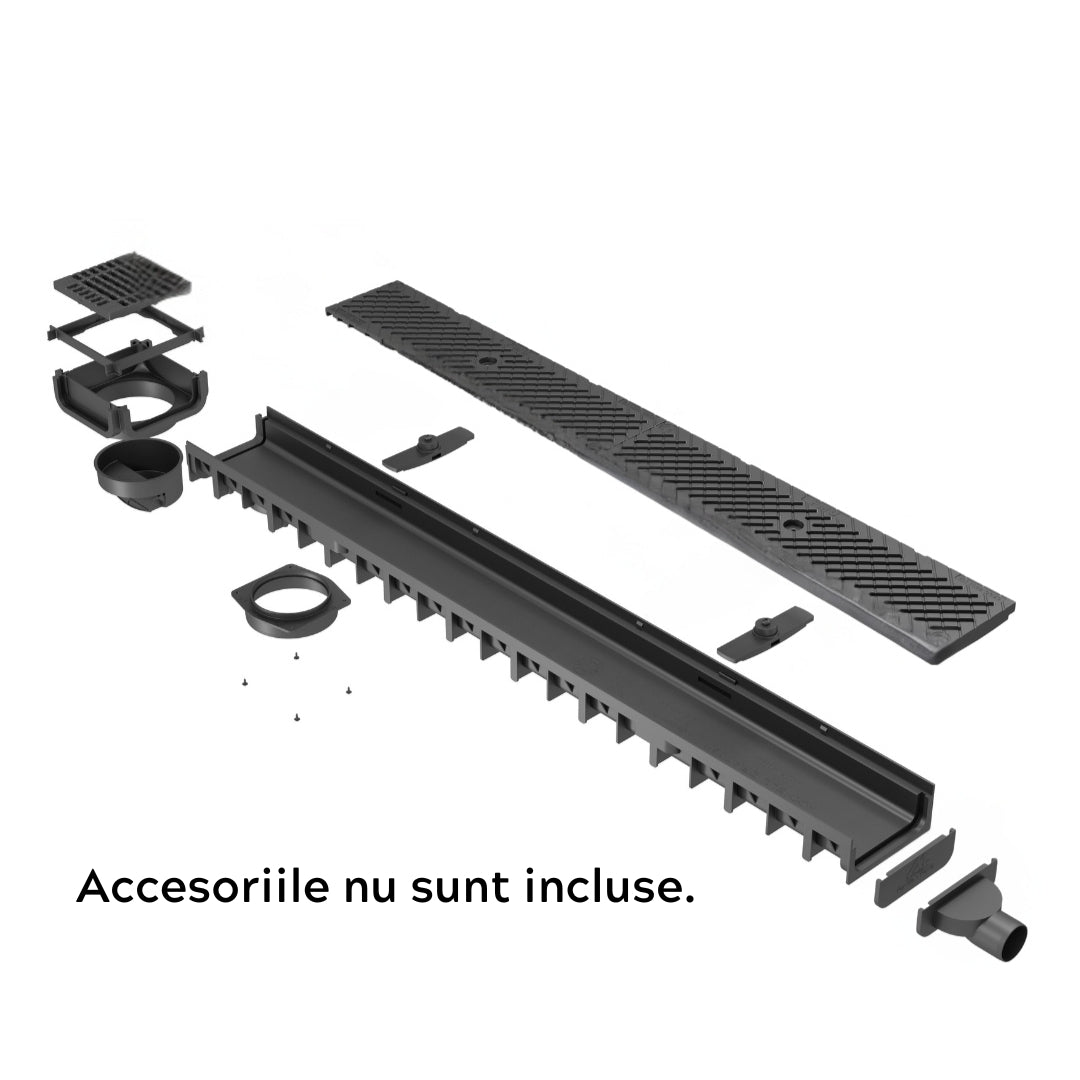Rigola drenaj GM Rain H30 cu gratar din material compozit, cu accesorii, destinate utilizarii in exterior. Dimensiuni 1000 mm lungime, 120 mm latime, 54.5 mm inaltime.  Clasa de incarcare B125 potrivita pentru zone rezidentiale . Accesoriile nu sunt incluse.